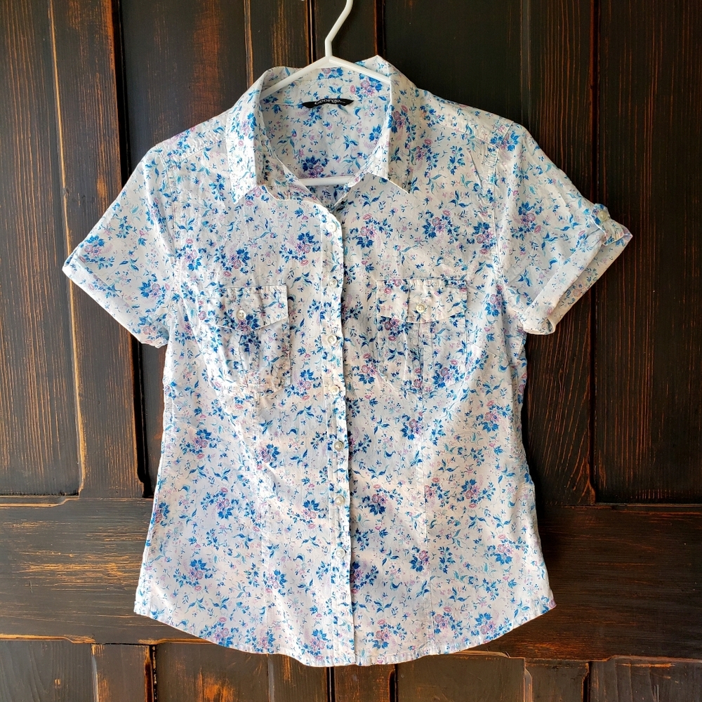 George White, Blue & Pink Floral Cotton Top